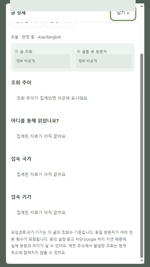 상세 창의 조회 추이·유입경로·접속 국가·접속 기기 영역 (집계 대기 상태)